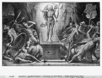 Life of Christ, Resurrection of Christ, förberedande studie av gobelängtecknad film för kyrkan Saint-Merri i Paris, ca 1585-90 (pierre noire und wash und white highlights on paper)